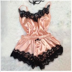 Satin Lingerie Set Sz L Pink with Black Lace Trim